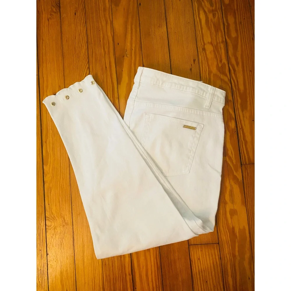 Michael Kors sz 14 White Scalloped Grommet Hem Cropped‎ Straight Leg Jeans